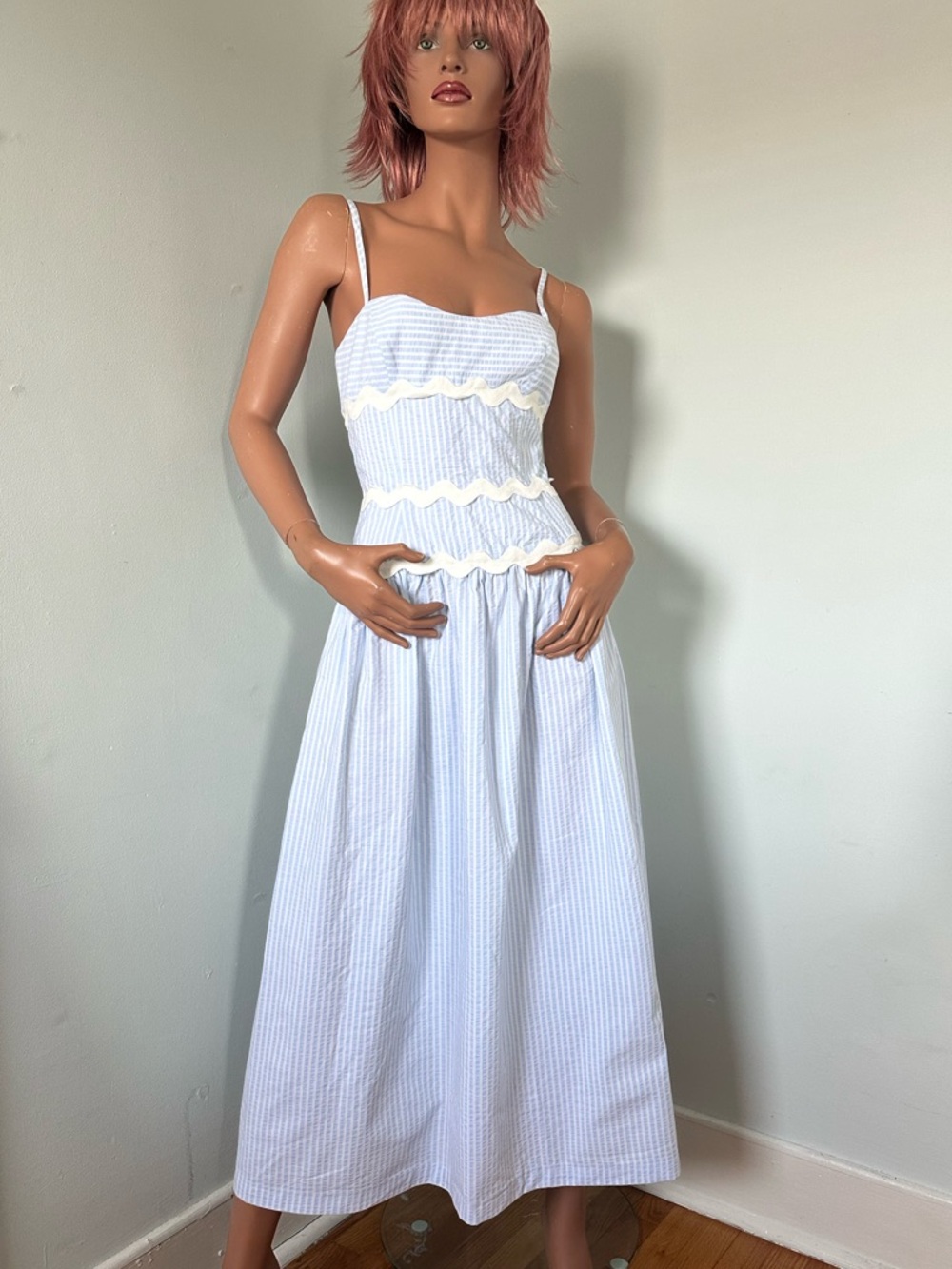 Light Blue Cotton Seersucker Midi Sundress with Ric Rac Trim. NWOT